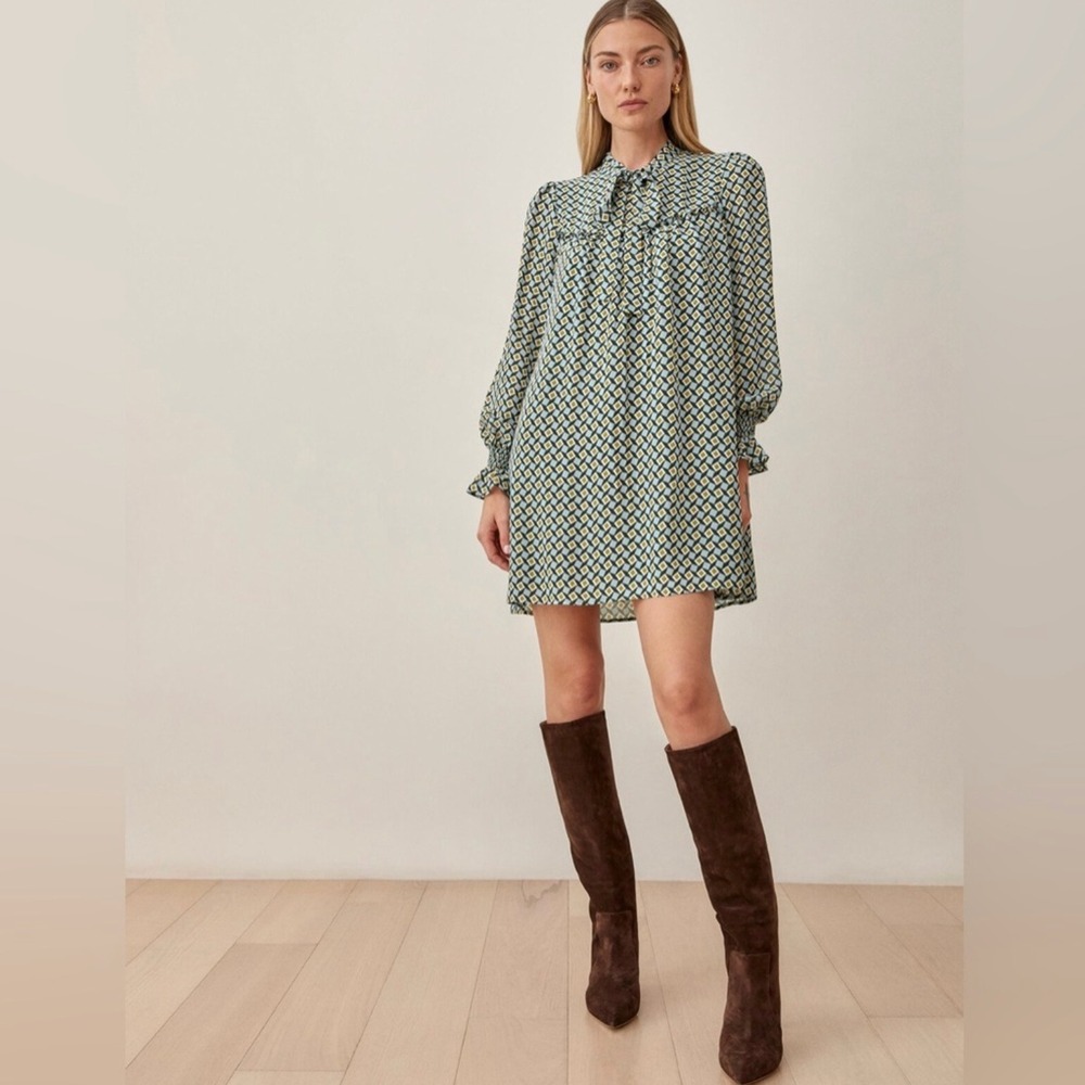 Reformation Cyril Mini‎ Dress in Mosaic Green Blue Size XL Mod Twee Long Sleeves